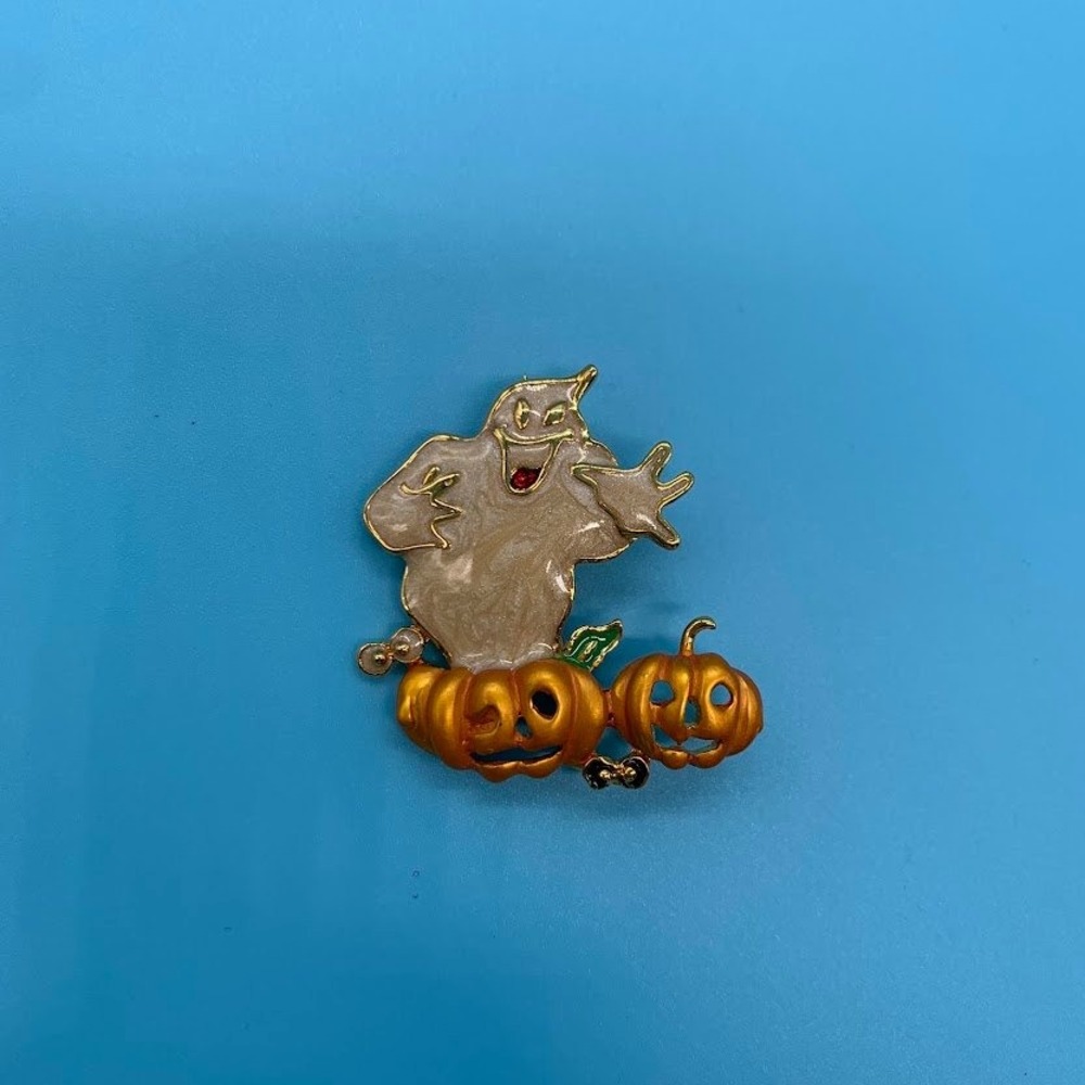 Vintage Halloween Ghost and Pumpkin Enamel Brooch Gold Tone Holiday Pin